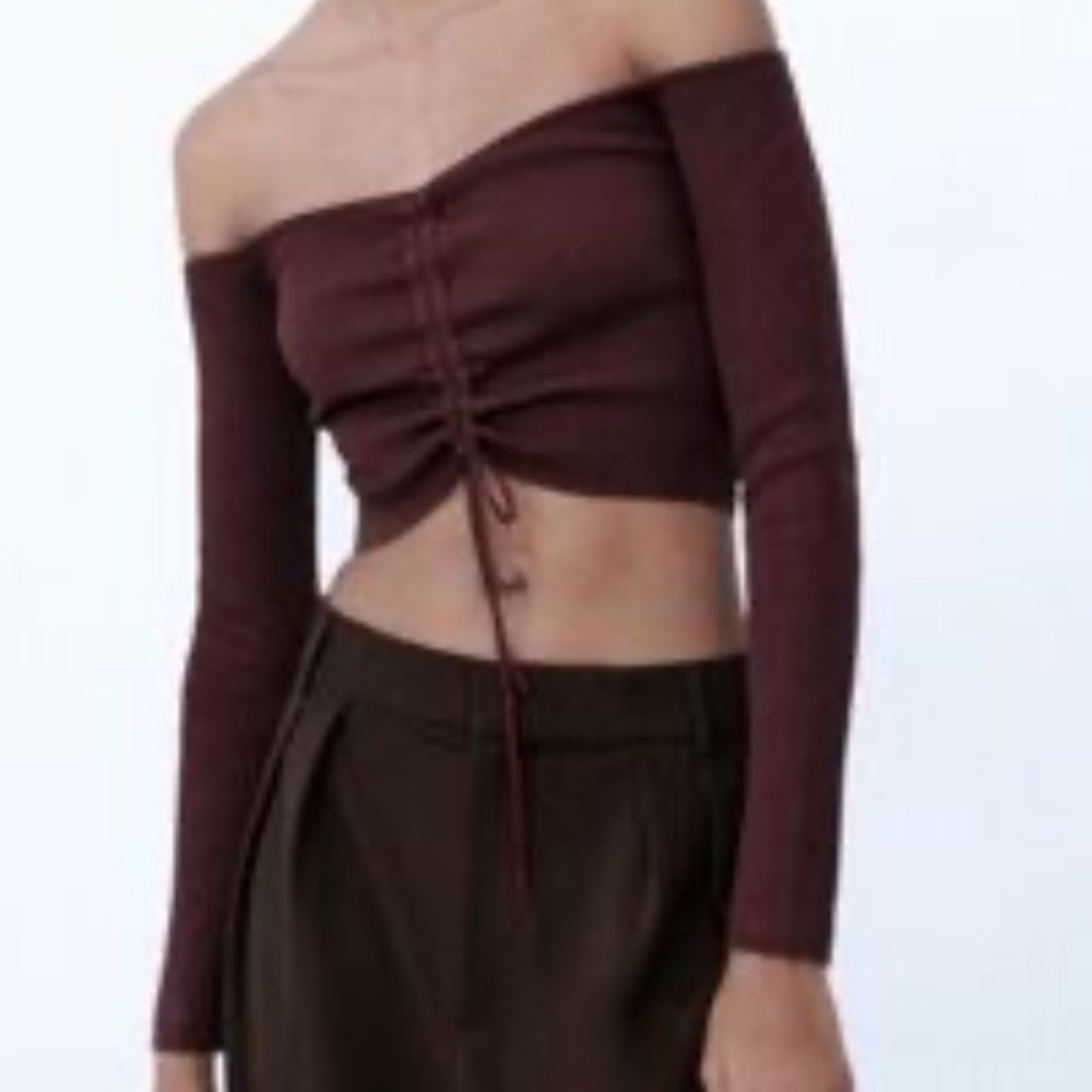 Zara Ribbed Long Sleeve Chocolate Brown Ruched Off the shoulder Sweater Top S